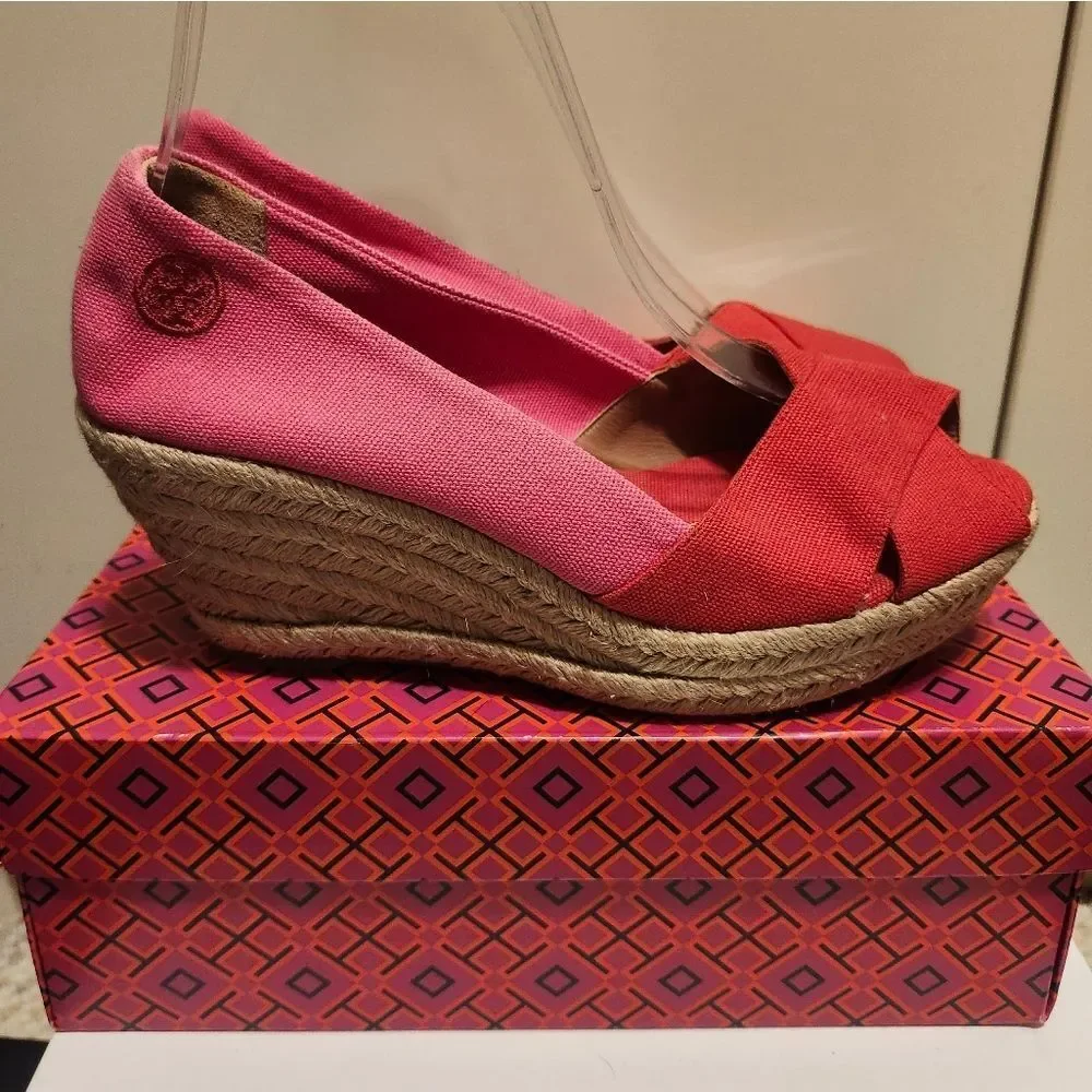 Tory Burch Red/Pink Canvas Peep Toe Wedge Heel Espadrilles Sz.9 $265